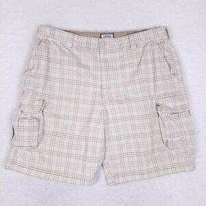 IZOD Men's Cargo Shorts 40 Plaid Tan White Casual Utility Hiking Outdoors